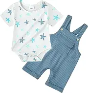 [CARETOO] Newborn Baby Boy Clothes 3 6 12 18 Months Short Sleeve Romper Pant Set Infant Spring Summer Outfits, 1 Blue Short