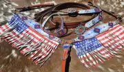 Patriotic Red White Blue Headstall, Reins Fringed Breastcollar Set
