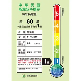 Panasonic國際牌 6公升一級能效清淨除濕機【節能省電】清淨除濕機 除濕機 智能除濕機 除溼機 F-Y12EB