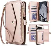 XIMAND Detachable 2-in-1 Case for Google Pixel 9 Pro - Wallet Cover with Card Slots, RFID Blocking, Compatible with Magsafe Charging and Car Mount, Wrist & Crossbody Strap.(Rose Gold)