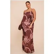 Plus Brown Chiffon Floral Mid Rise Tie Side Maxi Skirt, Brown
