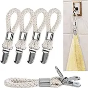 5 Pack Hanging Tea Towels Clip,Metal Kitchen Towels Clips with Hanging Loop Cloth Hook Clip Hangers for Home Kitchen Bathroom Cupboards Cloth Hanger Holder Brackets-Braided Cotton Loop