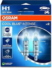 OSRAM Cool Blue® Intense H1, +100% More Brightness, up to 5,000K, Halogen Headlight lamp, LED Look, Hanging Folding Box (2 Lamps)