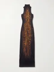 [Jean Paul Gaultier] Jean Paul Gaultier - Layered Draped Printed Stretch-tulle Turtleneck Maxi Dress - Brown - medium medium Brown