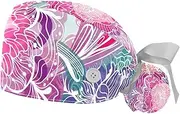 [WOSHJIUK] Working Hat 2 Pack Scrub Caps for Women,Magic Light Flowers Blossom,Tie Back Cap Adjustable Scrub Hat
