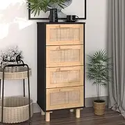 Sideboard Black 40x30x90 cm Solid Wood Pine and Natural Rattan,4Drawer Black Sideboard with Naturally-derived Rattan Weaved Design for Ample Storage Dining Furniture