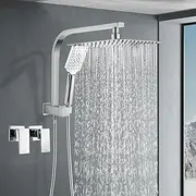 ACA International Square 10" Ultra-Thin Shower Head 3-Mode Handheld Gooseneck Arm Diverter Set with Twin Taps Dual Shower Head for Bathroom Brass (Chrome)
