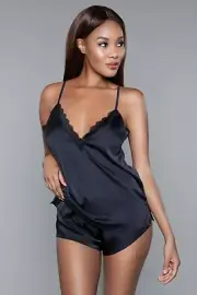 sexy BE WICKED v-neck SHINY cami CAMISOLE tank TOP shorts PAJAMA sleepwear SET