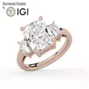 Radiant Solitaire Labgrown Diamond Trilogy Ring 14k Rose Gold 4.00 Ct D VS1
