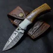 Damascus steel Folding Pocket Knife Lot Brown and Blue Wood Handle with Sheath
