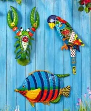 Tropical Metal Parrot Wall Sculpture Nautical Beach Sea-life Fish Lobster Decor