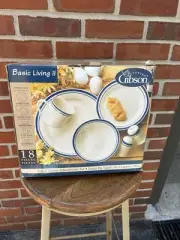 NIB 18 Piece Fine Ceramic Dinnerware Set Everyday Gibson White/Blue Stripe