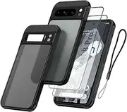 [USTIYA] 2X Screen Protector + Case for Google Pixel 8 Pro Protection Matte Acrylic Protect Camera Phone Lanyard Tempered Glass Film, Cover Black