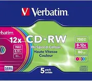 Verbatim CD-RW 700 MB, Pack of 5 Slim Cases, Colourful, CD Blanks, can be Written on, 52 Times Burning Speed with Long Life, Empty CDs, Audio CD Blank rewritable, CD Empty