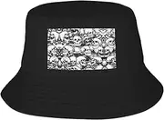 [FSCEV] Black and White Skulls Pattern Adult Double-Layer Fisherman Hat Women Men Beach Sun Hat Travel Foldable Brim Fishing, Black, One size