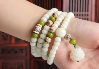 Tibet Buddhism 108 White Bodhi Root Prayer Beads Lotus Mala Necklace