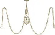 [TREEWETO] Men's Double Albert Chain Pocket Watch Curb Link Key Chain 3 Hooks with Antique Rudder Pendant Design Charm Fob T Bar