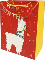 Sparkling Party Llama Happy Birthday Red Gift Bag 9" High x 7 Wide x 4" Deep NEW