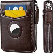 [Huztencor] Mens Wallet for AirTag - RFID Slim Leather Credit Card Holder With Built-in Case for Apple AirTag, Oil Coffee, Small, Minimalist, Zipper Closure