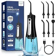 350ML Cordless Water Flosser, Water Dental Flosser Picks for Teeth Cleaning and Flossing with 6 Jet Tips & 5 Pressure Modes, 2000 mAh Rechargeable Powerful Oral Irrigator for Home Travel Use (Black)