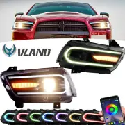 Vland RGB Headlights For Dodge Charger 2011-2014 Black Dual Beam Front Lamp Pair
