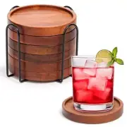 Wooden Coasters Set of 6 with Holder, Acacia Wood Drink Coasters for