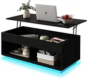 [Luxsuite] Lift Top Table with Led Lights Led Coffee Table with Storage Shelf and Hidden Compartment for Home Living Room Reception Room Office Black