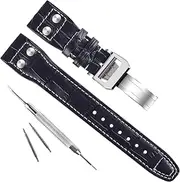 [GreenOlive] 22mm Genuine Leather Silver Buckle Watch Strap Band fit for IWC PILOT'S Watchs Black