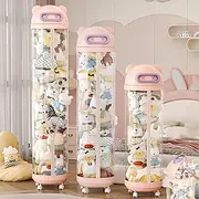 Rotating Toy Storage Tower, Transparent Vertical Stuffed Animal Storages Tubes, Toy Storages Tubes with Zipper, Doll Storage Tube with 360° Rotation Wheels with Lid (Pink,145cm/57in)