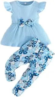 [Huloretions] Toddler Girls 2 Piece Outfits Cotton Strip Flutter Sleeve Top Butterfly Print Pantsgirls Spring Clothes, Blue