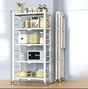 Mwpqbd Kitchenware Rack Multifunctional Folding Storage Rack Microwave Pot Carbon Steel Rack Universal Wheel Upgrade [White 5 Layers]