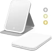 Kintion Travel Makeup Mirror, Portable LED Lighted Makeup Mirror, 360° Rotation Touch Screen, 3-Color Dimmable Lighting, Rechargeable Tabletop Folding Vanity Mirror, White