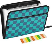 Teal Checkerboard File Folder Expandable 13 Pockets A4 Letter Size Hanging File Folders with Zipper Closure Expanding File Folder Pockets Accordion for Document Storage