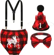 Geyoga 3 PCS Christmas First Birthday Lumberjack Boy Costume Cake Smash Outfit B