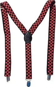 [Generic] Adjustable Y-Back Suspenders, Red and Black Checkerboard Pattern, Silver Metal Clips, Black/Red