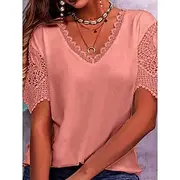 Women's T Shirt Plain Fashion Modern Casual Short Sleeve V Neck Regular Tops Daily Going out Weekend Lace Patchwork Eyelet White Pink Purple Light Blue Summer
