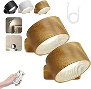 Lights of Sweden Wall Lights, Infinity Wireless Wall Lights, Led 360°Rotation Rechargeable Wall Mounted Sconces with 3 Color Temperatures,with Remote Control for Display, Artwork, Bathroom (Wood,2)