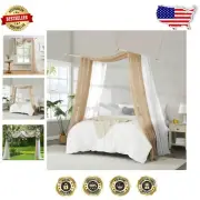 Set of 2 White & Taupe Canopy Bed Curtains - 55 x 288 Inches for Elegant Decor
