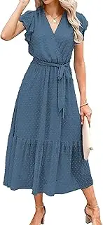 [RegaliaKun] Women Summer Bohemian Casual Wrap V Neck Ruffle Cap Sleeveless Belt A-Line Pleated Hem Midi Sun Dress 2025 Trendy