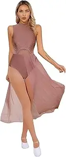 [Yruioon] Women Lyrical Dance Costumes Rhinestone Contemporary Dance Costumes Side Split Tulle Long Dresses