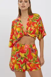 Red Abstract Relaxed Shorts High Rise - Size 16XL, Women's Shorts