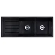 Baiachi Double Bowl and Drainer Granite Kitchen Sink Black with Stainless Steel Waste