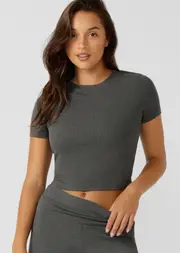 [Lorna Jane] Modal Luxe Lounge Rib T-Shirt in Grey, Size - Medium M Charcoal Marl
