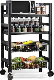 4 Tier Microwave Stand Cart with Metal Storage Basket, Fruit and Vegetable Basket, Kitchen Island Rolling Cart Shelf, Standing Baker's Rack Coffee Station Organizer Shelf, Black