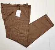 New PAUL SMITH Wool Blend Dress Pants Men 36x30 Cuffed Flat EU 52 Brown Check