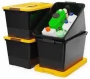 53 Quart Stackable Plastic Storage Bins with Yellow Lids, 4 Pack Black Contai...