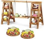 3 Tier Wooden Cupcake Stand, Wooden Serving Tray Set Cake Swing Stand with 2 Pcs Round Tray, Food Display Stand for Cake Snack Bread, Desert Table Display Set for Party, Baby Shower, Wedding