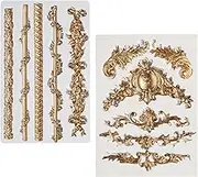 Fondant Silicone Mold,2Pcs Baroque Sculpted Cake Mould Embossed Lace Retro Relief Fondant Mould Scroll Border Silicone Moulds for Crafting Fondant Cake Decorating Tuile for Clay Candy