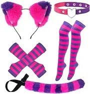 [Matiniy] Pink and Purple Striped Cat Costume for Girls Women Halloween Cosplay Accessories, Cat Ears, Furry Tail, Striped Socks for Halloween Dress up, Purple