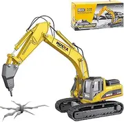 Qcar Drill Excavator Construction Vehicle Toys Heavy Duty Alloy Hydraulic Hammer Truck, 1:50 Scale Diecast Site Drill Digger Toy Truck for Kids 8,9,10,11,12 Year Old and up